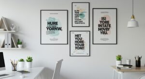 Modern office wall with motivational posters, clean white background, variapix.com Variation 03