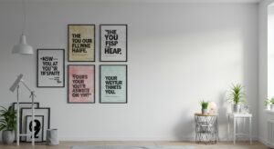Modern office wall with motivational posters, clean white background, variapix.com Variation 33