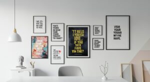 Modern office wall with motivational posters, clean white background, variapix.com Variation 41