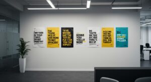 Modern office wall with motivational posters, clean white background, variapix.com Variation 55