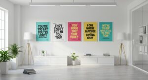 Modern office wall with motivational posters, clean white background, variapix.com Variation 56