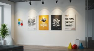 Modern office wall with motivational posters, clean white background, variapix.com Variation 64