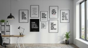 Modern office wall with motivational posters, clean white background, variapix.com Variation 68