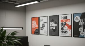Modern office wall with motivational posters, clean white background, variapix.com Variation 92