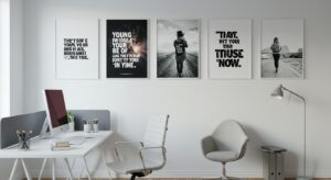 Modern office wall with motivational posters, clean white background, variapix.com Variation 99