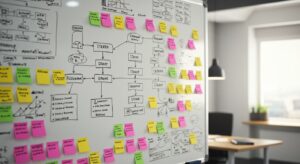 Office whiteboard covered in sticky notes, flowcharts, and startup plans — idea. pixlelo.com Variation 100