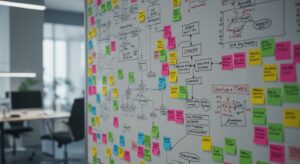 Office whiteboard covered in sticky notes, flowcharts, and startup plans — idea. pixlelo.com Variation 70