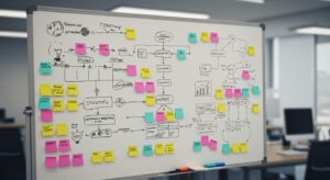 Office whiteboard covered in sticky notes, flowcharts, and startup plans — idea. pixlelo.com Variation 85