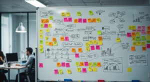 Office whiteboard covered in sticky notes, flowcharts, and startup plans — idea. pixlelo.com Variation 90