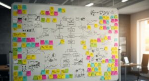 Office whiteboard covered in sticky notes, flowcharts, and startup plans — idea. pixlelo.com Variation 99