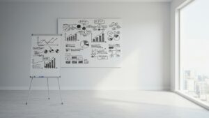 Office whiteboard showing hand drawn business KPIs, revenue graphs, and planning. pixlelo.com Variation 100
