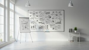 Office whiteboard showing hand drawn business KPIs, revenue graphs, and planning. pixlelo.com Variation 94