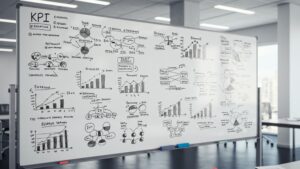 Office whiteboard showing hand drawn business KPIs, revenue graphs, and planning. pixlelo.com Variation 97