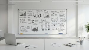 Office whiteboard showing hand drawn business KPIs, revenue graphs, and planning. pixlelo.com Variation 98