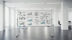 Office whiteboard showing hand drawn business KPIs, revenue graphs, and planning. pixlelo.com Variation 99