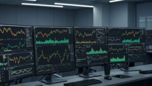 Office with stock market charts, crypto price tickers, and trading dashboards by pixlelo.com Variation 93