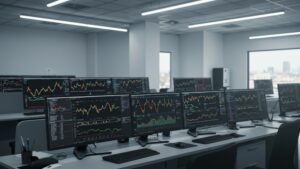 Office with stock market charts, crypto price tickers, and trading dashboards by pixlelo.com Variation 96
