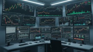 Office with stock market charts, crypto price tickers, and trading dashboards by pixlelo.com Variation 98