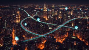 Photorealistic city skyline at night with illuminated data streams flowing between buildings, representing decentralized cloud networking by pixlelo.com Variation 28