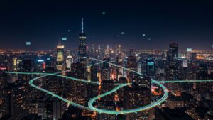 Photorealistic city skyline at night with illuminated data streams flowing between buildings, representing decentralized cloud networking by pixlelo.com Variation 29