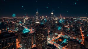 Photorealistic city skyline at night with illuminated data streams flowing between buildings, representing decentralized cloud networking by pixlelo.com Variation 30