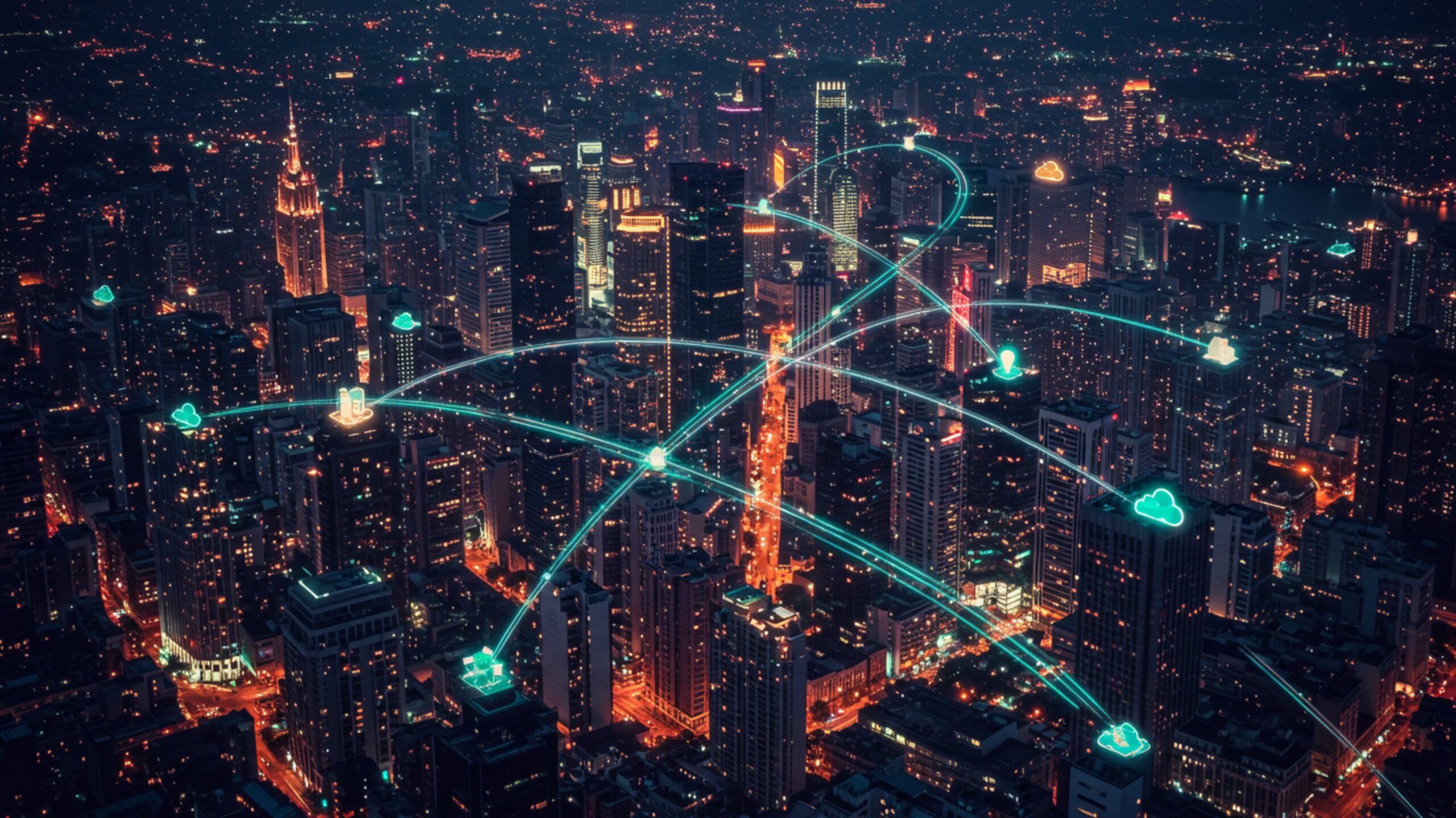 Download Decentralized Cloud Networking Over City Skyline – 100 AI-Generated 4K JPGs (Royalty-Free)