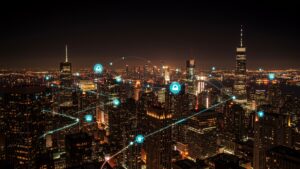 Photorealistic city skyline at night with illuminated data streams flowing between buildings, representing decentralized cloud networking by pixlelo.com Variation 39