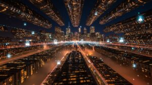 Photorealistic city skyline at night with illuminated data streams flowing between buildings, representing decentralized cloud networking by pixlelo.com Variation 42