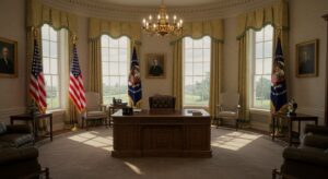 “Photorealistic image of the Oval Office interior, with presidential desk, pixlelo.com Variation 33