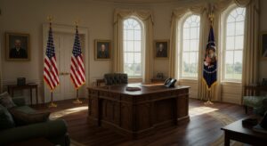 “Photorealistic image of the Oval Office interior, with presidential desk, pixlelo.com Variation 38
