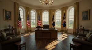 “Photorealistic image of the Oval Office interior, with presidential desk, pixlelo.com Variation 47
