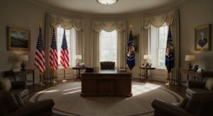 “Photorealistic image of the Oval Office interior, with presidential desk, pixlelo.com Variation 61