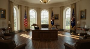 “Photorealistic image of the Oval Office interior, with presidential desk, pixlelo.com Variation 75
