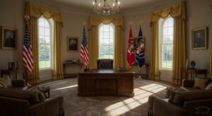 “Photorealistic image of the Oval Office interior, with presidential desk, pixlelo.com Variation 89