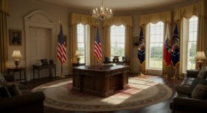 Photorealistic image of the Oval Office interior, with presidential desk, pixlelo.com Variation 95