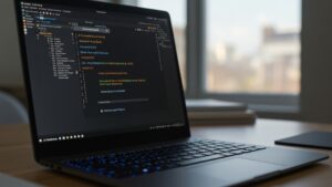 Photorealistic laptop with cloud deployment terminal open, showing build success, live URL, and Docker or Kubernetes CLI commands by pixlelo.com Variation 100