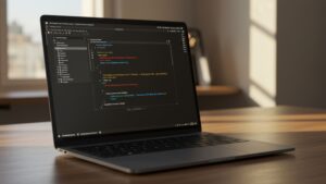 Photorealistic laptop with cloud deployment terminal open, showing build success, live URL, and Docker or Kubernetes CLI commands by pixlelo.com Variation 61