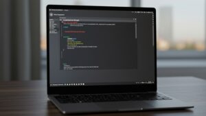 Photorealistic laptop with cloud deployment terminal open, showing build success, live URL, and Docker or Kubernetes CLI commands by pixlelo.com Variation 66