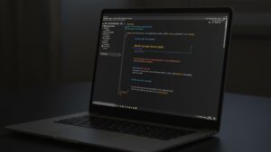 Photorealistic laptop with cloud deployment terminal open, showing build success, live URL, and Docker or Kubernetes CLI commands by pixlelo.com Variation 94