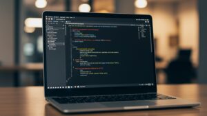 Photorealistic laptop with cloud deployment terminal open, showing build success, live URL, and Docker or Kubernetes CLI commands by pixlelo.com Variation 96