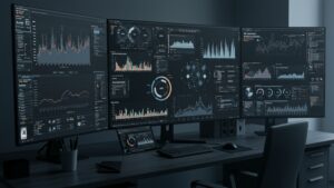 Photorealistic office desktop with multi screen AI dashboard showing graphs by pixlelo.com Variation 100