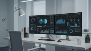 Photorealistic office desktop with multi screen AI dashboard showing graphs by pixlelo.com Variation 94