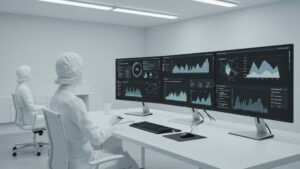 Photorealistic office desktop with multi screen AI dashboard showing graphs by pixlelo.com Variation 95