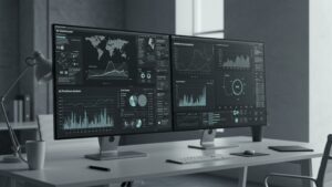 Photorealistic office desktop with multi screen AI dashboard showing graphs by pixlelo.com Variation 96