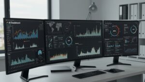 Photorealistic office desktop with multi screen AI dashboard showing graphs by pixlelo.com Variation 98