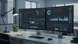 Photorealistic office desktop with multi screen AI dashboard showing graphs by pixlelo.com Variation 99