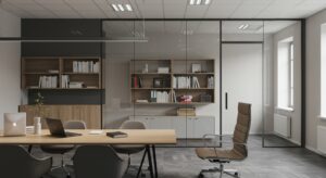 Professional consulting firm office interior with minimal decor, glass walls, Pixlelo.com Variation 100