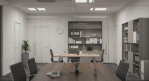 Professional consulting firm office interior with minimal decor, glass walls, Pixlelo.com Variation 95