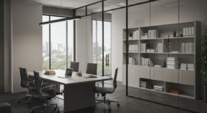 Professional consulting firm office interior with minimal decor, glass walls, Pixlelo.com Variation 96