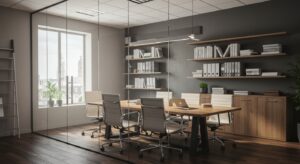Professional consulting firm office interior with minimal decor, glass walls, Pixlelo.com Variation 97